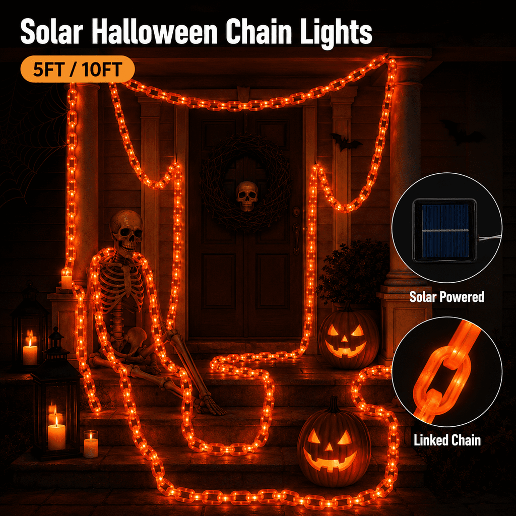 DAKIMOE Halloween Decoration Chain String Lights Orange Light Up Plastic Chain Decoration 10FT Long Glowing Link Chain for Haunted House Party Porch Yard Door Indoor Outdoor Halloween Decor