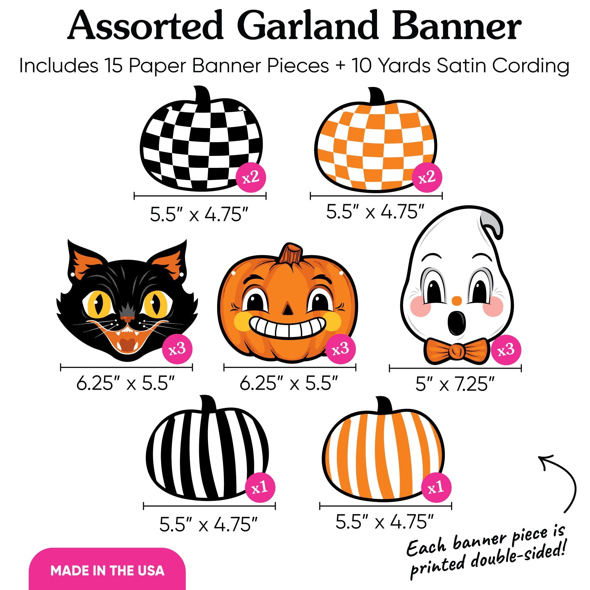 Big Dot of Happiness Vintage Halloween Garland Banner, Retro Kids Halloween or Birthday Party Decorations Backdrop, 30 Feet of Cord, 15 Paper Assorted Black Cat, Pumpkin, and Ghost Shapes
