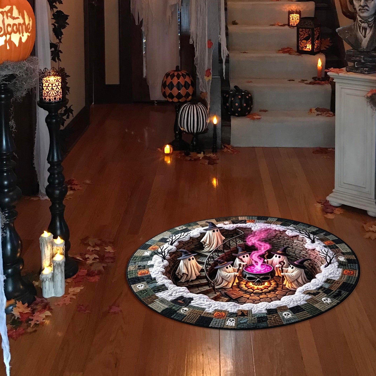 HHJZPR 3D Optical Illusion Halloween Round Rug, 23.6 Inch Spooky Pit Well Ghost Pumpkin Circular Floor Mat, Non Slip Halloween Indoor Front Door Decor Carpet