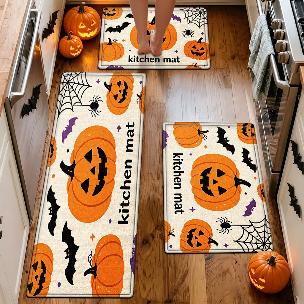 YIMEIS Halloween Neon Pumpkin Lanterns 3Pcs Flannel Mat & Kitchen Rugs Set,Soft Non-slip,16''×24'' 20''×30'' 17''×47'' Inches,for Entryway Bathroom