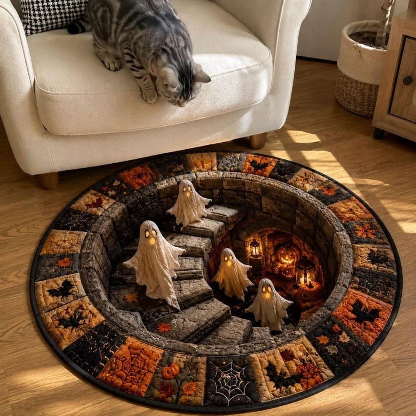 Halloween Doormat Round Optical Illusion Staircase Rug Secure-Grip Soft Floor Carpet for Living Room Bedroom Entryway Halloween Decor by OVFUIZ