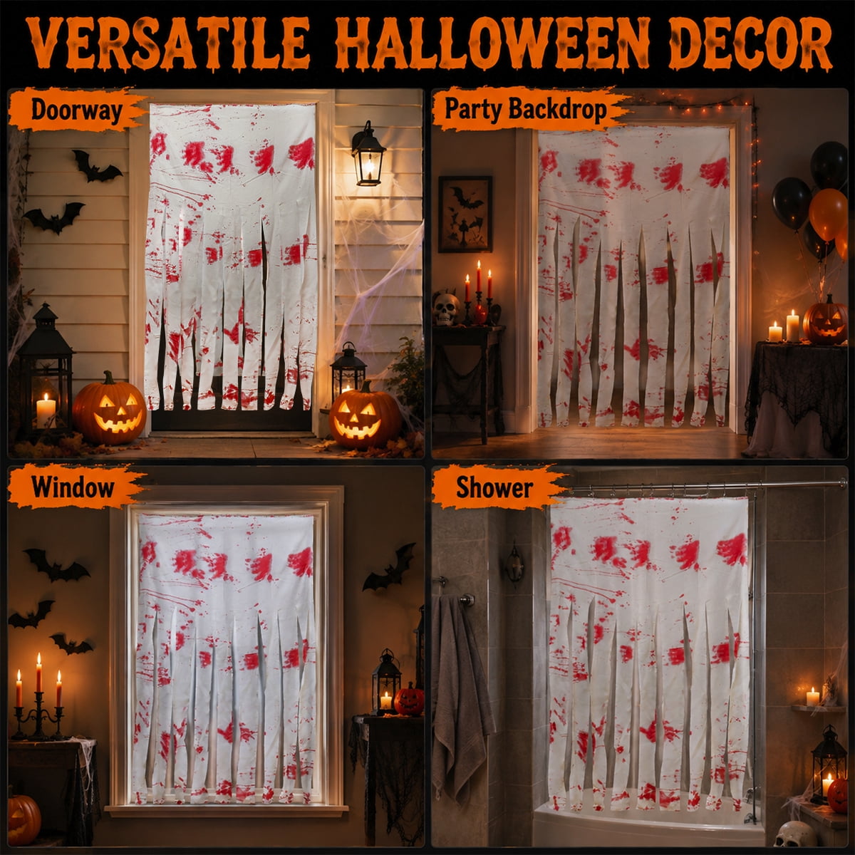 Halloween Doorway Curtain Haunted House Decoration Door Window Curtain with Bloody Prints Bloody Creepy Cloth for Halloween Party Supplies 65 x 39 Inch White 4 Pcs