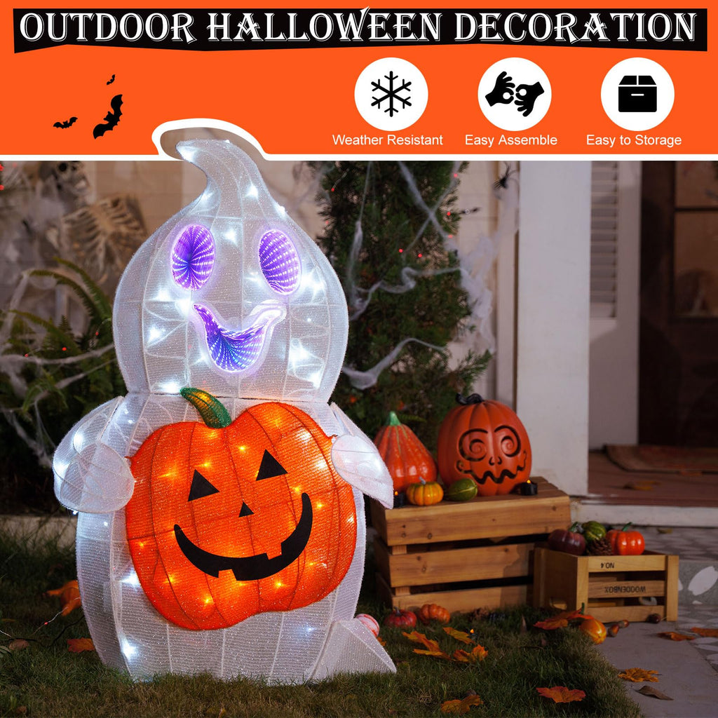 MARACOL Halloween Ghost Decor, 128 LED Pre-Lit Ghost Halloween Decorations with Animated Eyes Cute Light Up Ghost Holding Pumpkin Glowing Ghosts Fall Decor for Outdoor, Indoor, Yard, Porch, Garden