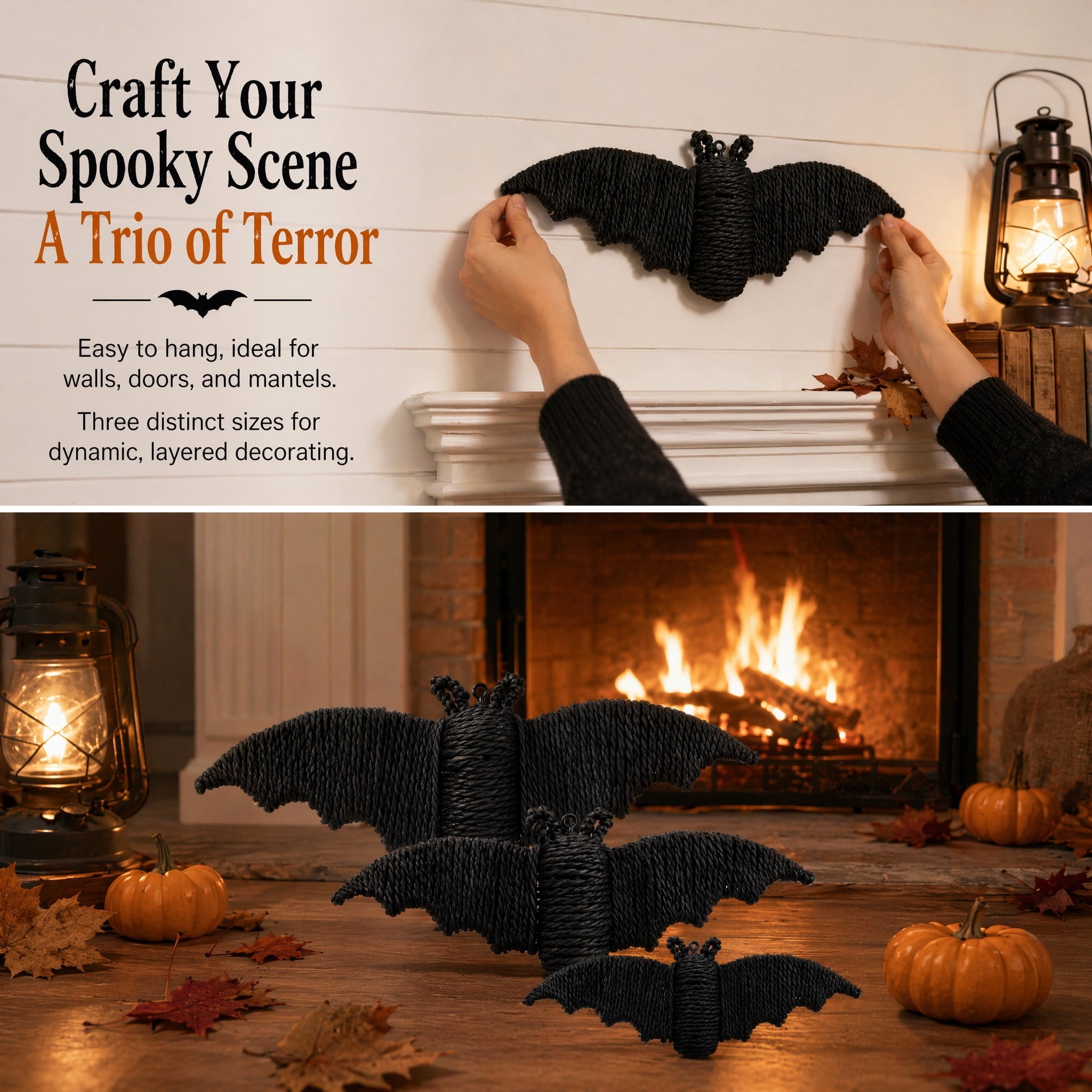 3 Pcs Woven Rattan Bat Wall Hanging Halloween Decor, 3D Scary Handcrafted Black Rope Bats, Rustic Natural Farmhouse Halloween Creepy Decorations for Home Fireplace Door, 13.39/11.81/9.84 Inch