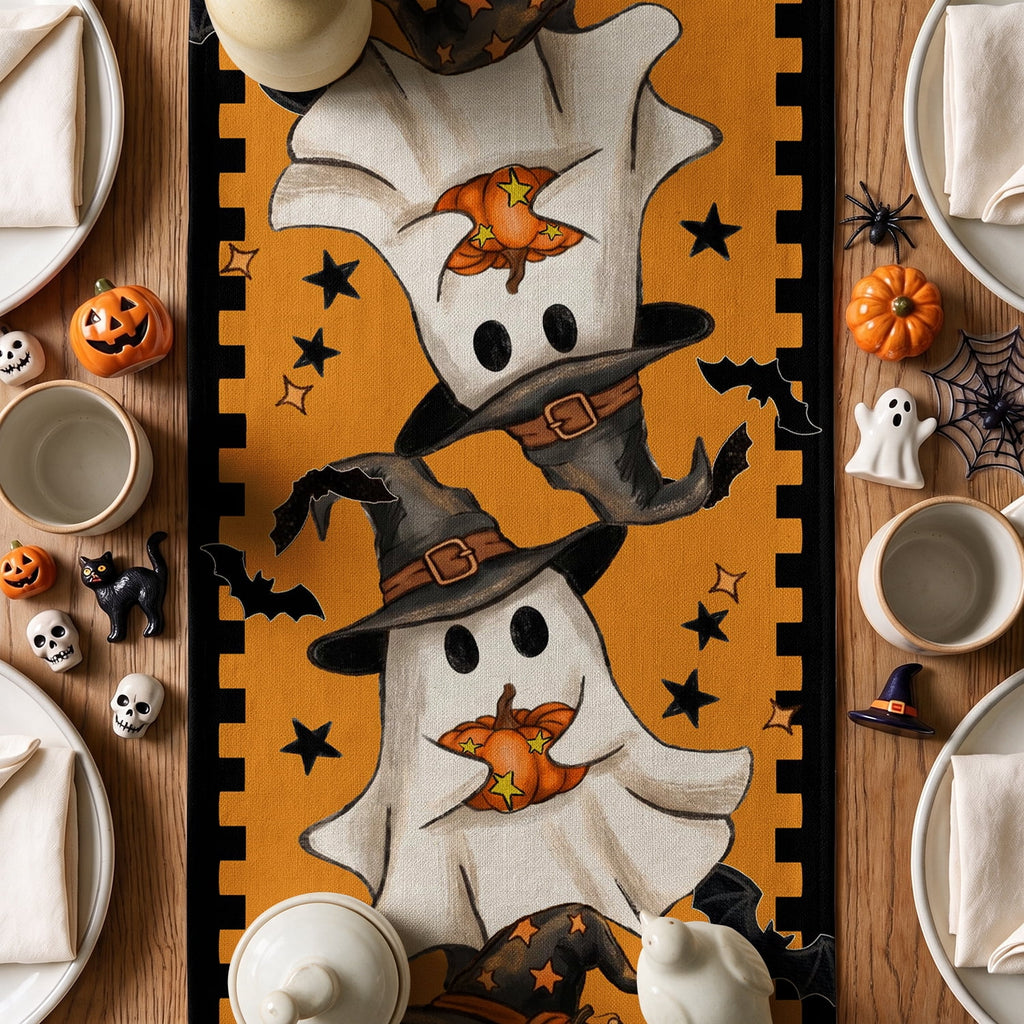 Sm:)e Halloween Table Runner Ghost Pumpkin 13x72 Inch, Halloween Party Kitchen Dining Indoor Outdoor Decorations,Orange