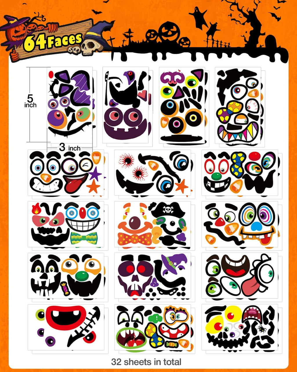 Ayieyill 64 Packs Halloween Stickers Pumpkin Decorating Stickers for Children , 32 Sheet Small Pumpkin Face Stickers for Halloween Party Supplies Trick or Treat Party Favors