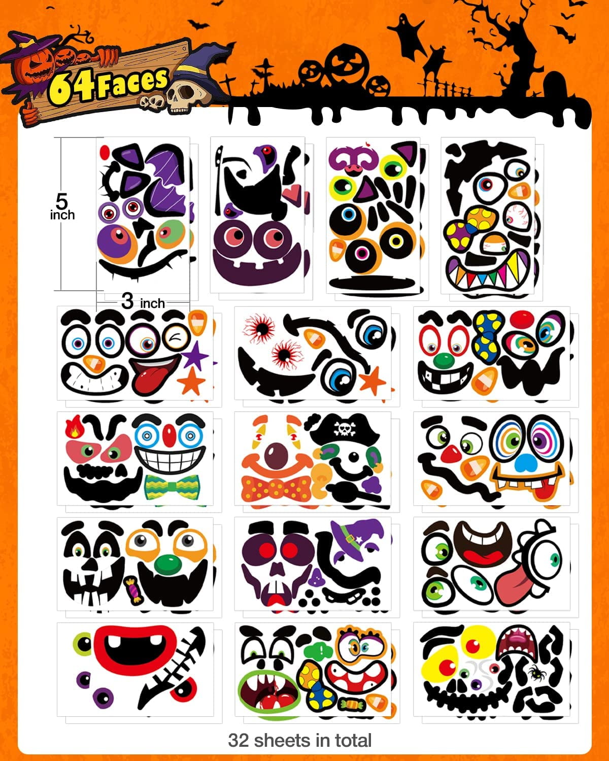 Ayieyill 64 Packs Halloween Stickers Pumpkin Decorating Stickers for Children , 32 Sheet Small Pumpkin Face Stickers for Halloween Party Supplies Trick or Treat Party Favors