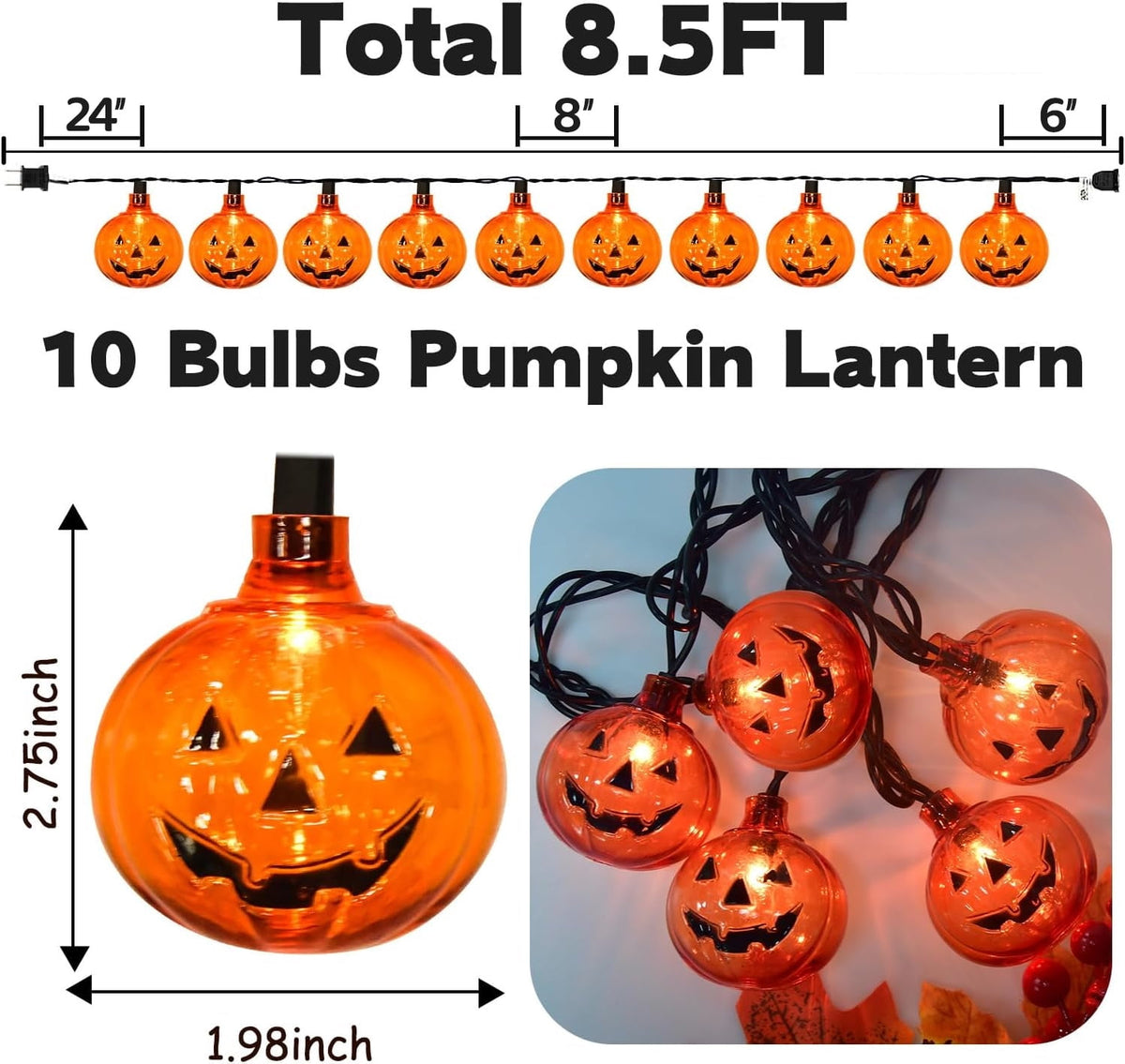 Halloween Pumpkin String Lights, 8.5Ft Outdoor Halloween Decorations Lights with 10 Jack-O-Lantern Lights, Hanging Pumpkin String Lights Party Patio Garden Window Decor