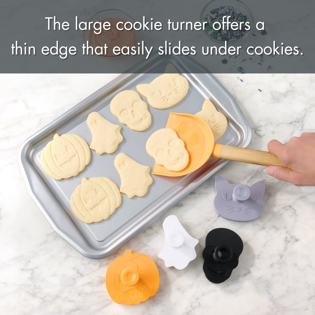 Way To Celebrate Cookie Turner with 4 Cookie Cutters with Stamps. Orange, Purple, Black and White