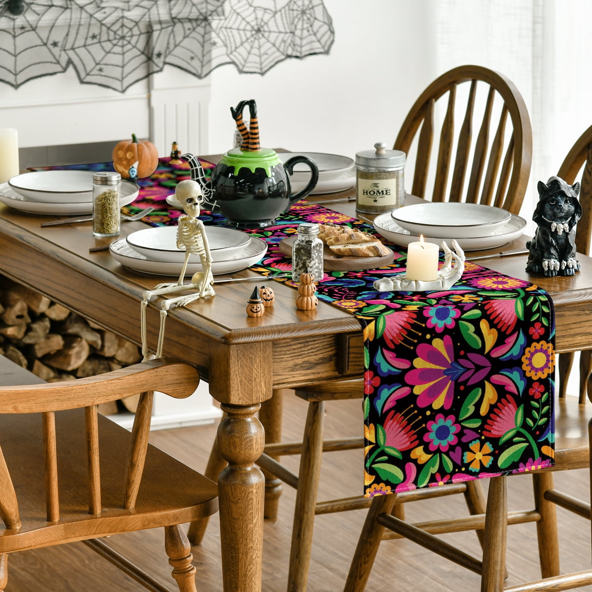 Sm:)e 13"x72" Black Floral Dia De Los Muertos Serape Table Runner, Polyester, Mexican Fiesta Design, Party Kitchen Dining Decoration