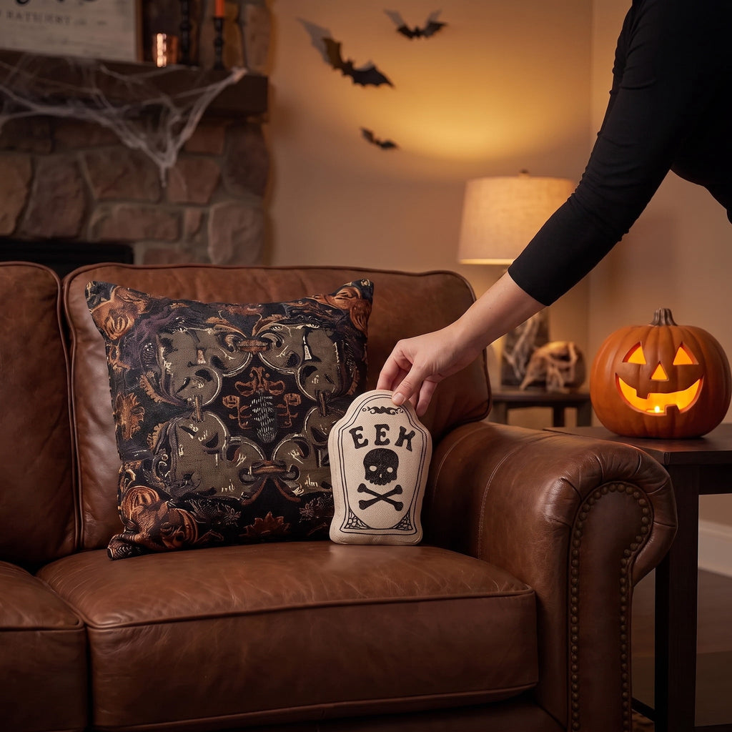 Eek Tombstone-Shaped Decorative Pillow, Black and Beige, 10" x 15", Halloween by Way To Celebrate