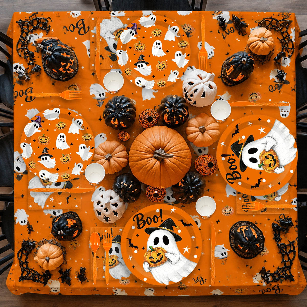 Wowhub Boo Ghost Pumpkin Halloween Tableware Set Serves 24, Halloween Plates and Napkins, Disposable Summerween Party Supplies with Cups, Cutlery & Tablecloth for Halloween Birthday Decorations