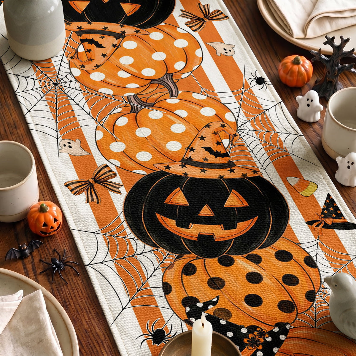 Sm:)e Halloween Table Runner Ghost Pumpkin 13x72 Inch, Halloween Party Kitchen Dining Indoor Outdoor Decorations,Orange