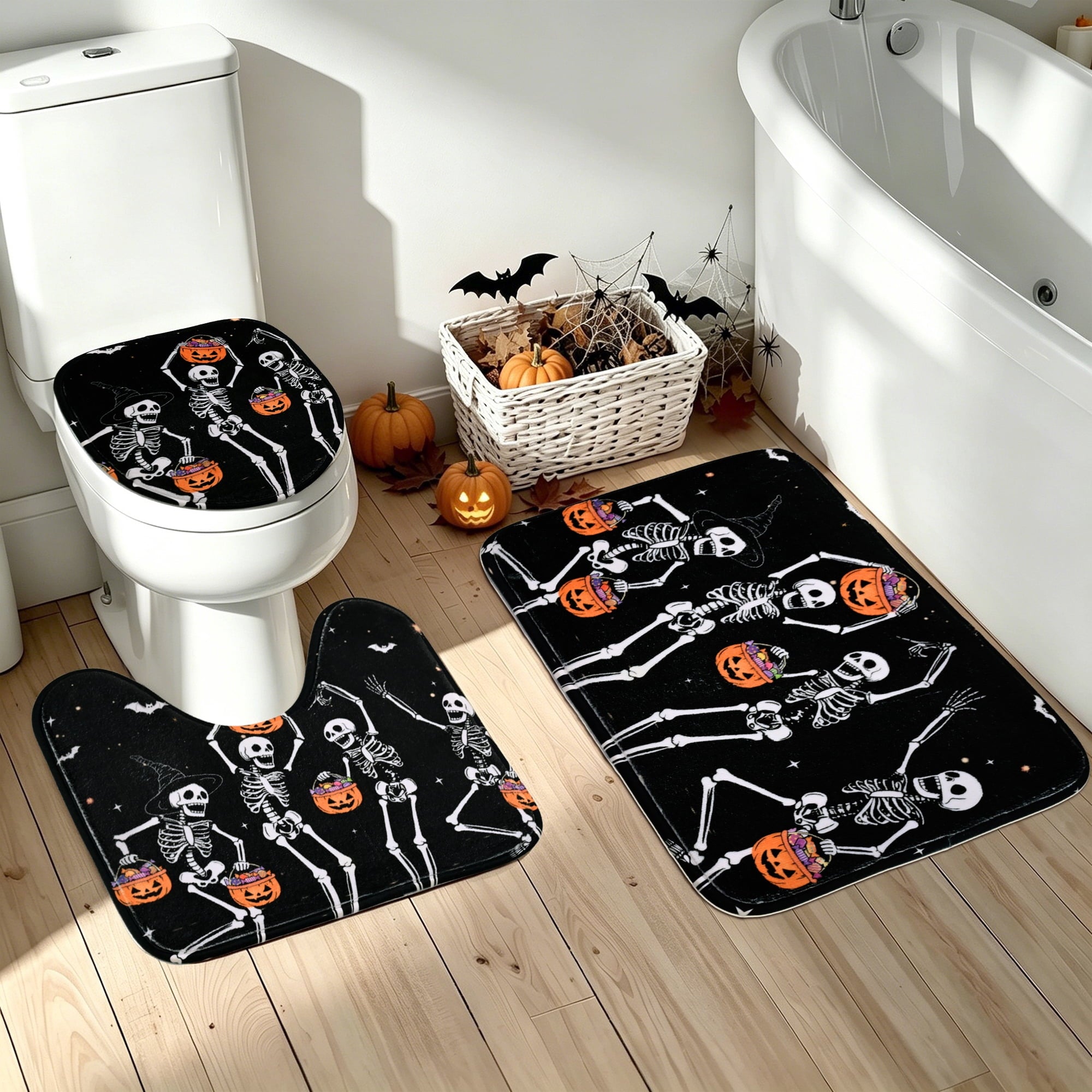FRAMICS Halloween Shower Curtain Sets with Rugs, 16 Pc Pumpkin Spooky Ghost Bathroom Sets, Black Waterproof Fabric Shower Curtain with 12 Hooks and Toilet Rugs