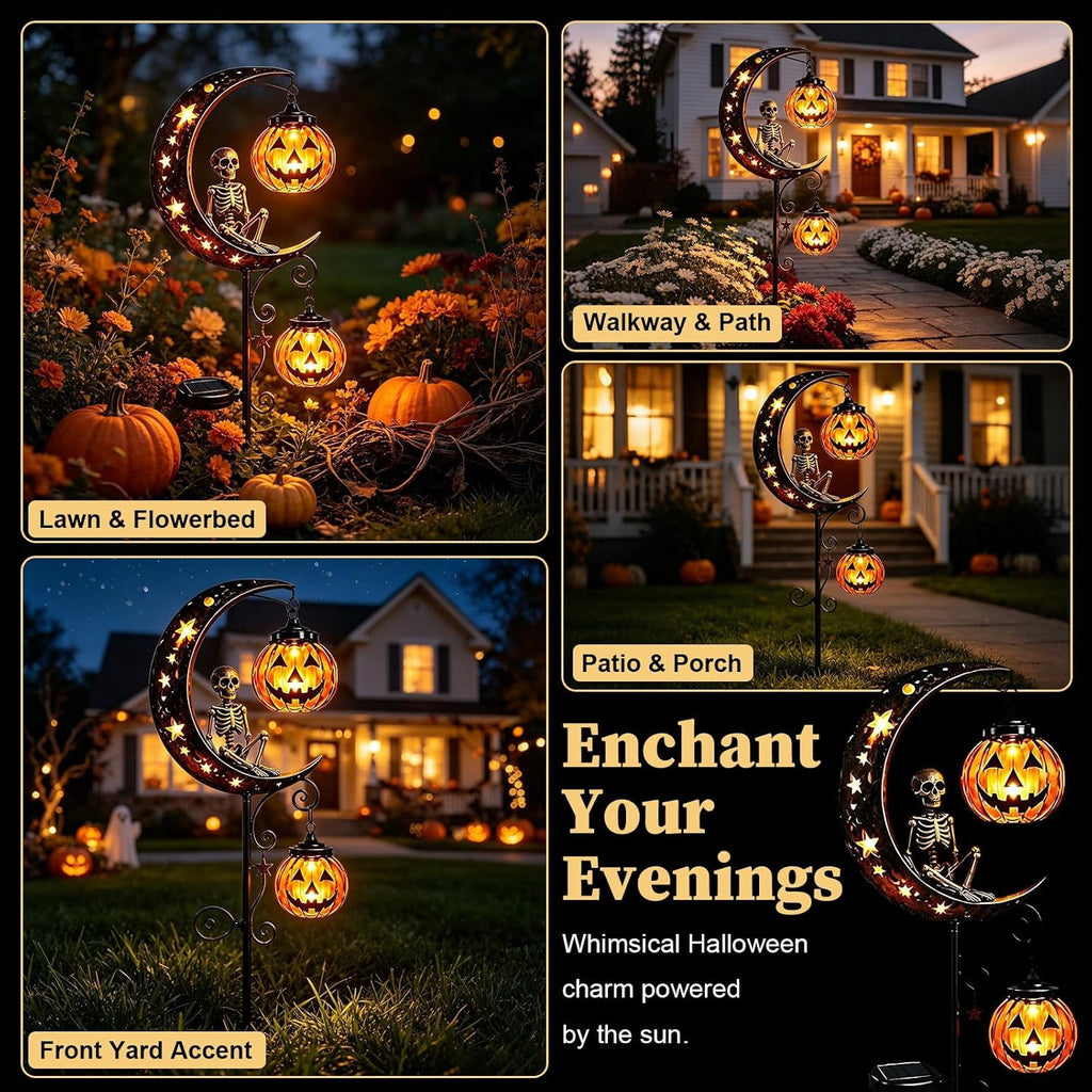 Solar Halloween Black Cat & Pumpkin Moon Garden Stake Light | Waterproof Metal Black Cat Yard Ornament, Auto On Off Solar Outdoor Light, Fall Halloween Decor Stake for Lawn Patio Pathway