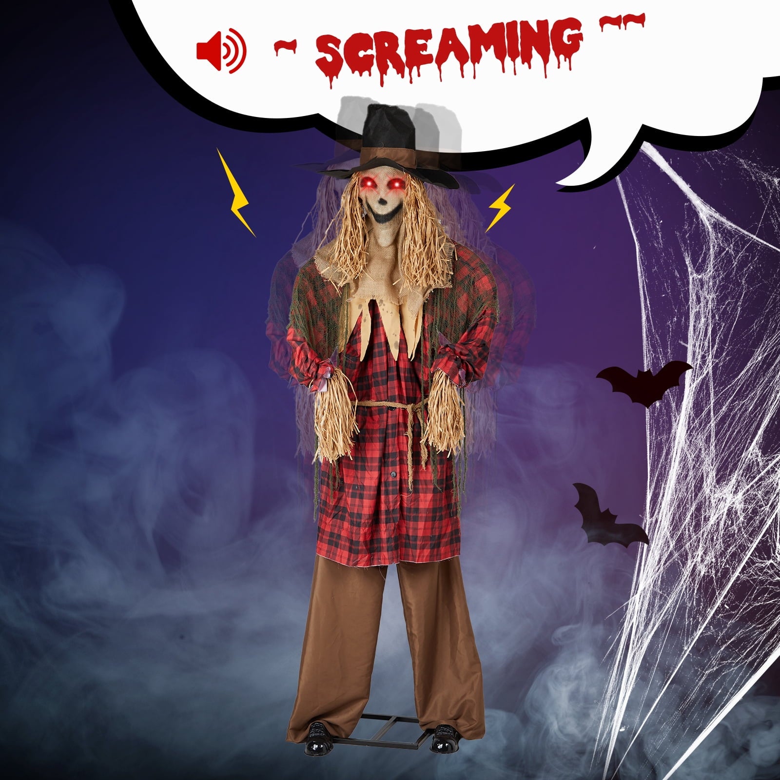 UBesGoo 8ft Animated Halloween Decoration Scarecrow w/ Pre-Recorded Screaming, LED Eyes