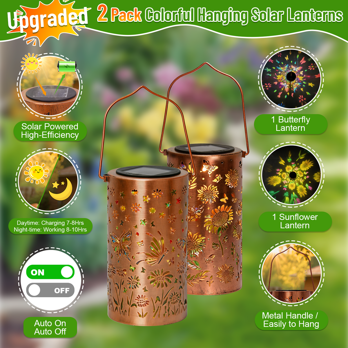 Colorful Solar Lanterns IP65 Outdoor Waterproof, Mother's Day Gifts for Women Mom Grandma - LED Colorful Sunflower Solar Lights Metal Hanging Lantern for Patio Yard Porch