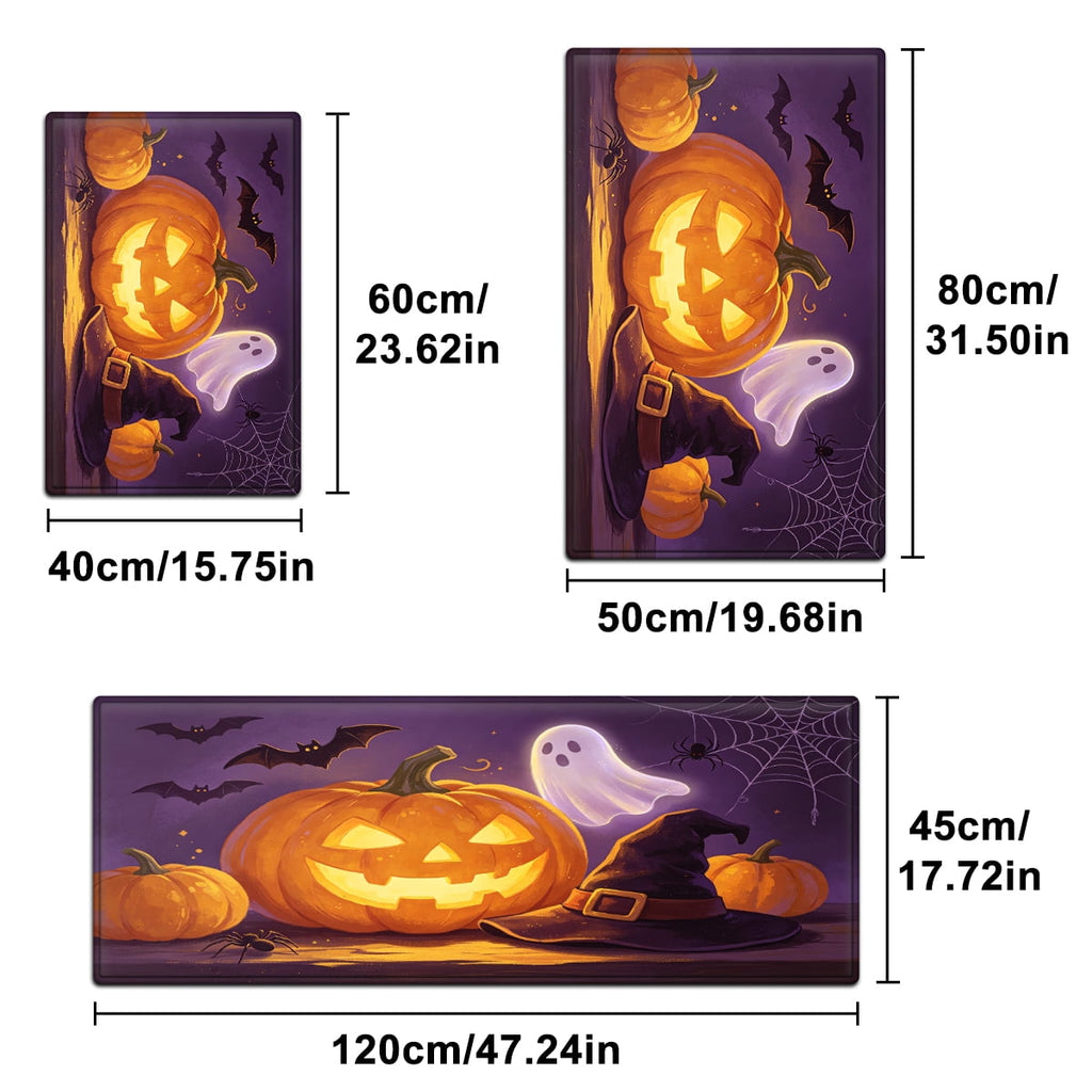 YIMEIS Halloween Pumpkin Lantern 3Pcs Flannel Mat & Kitchen Rugs Set,16''×24'' 20''×30'' 17''×47'' Inches,Soft Non-slip for Home Bathroom