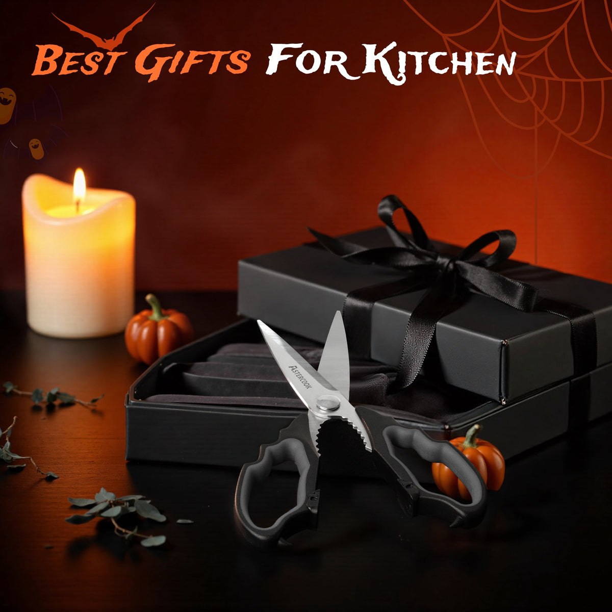 Astercook Halloween Kitchen Scissors, Gothic Skull Heavy Duty Shears for Cooking, Poultry, Herbs – Spooky Pumpkin Design, Dishwasher Safe, Perfect Gift for Halloween Party & Home Décor Red