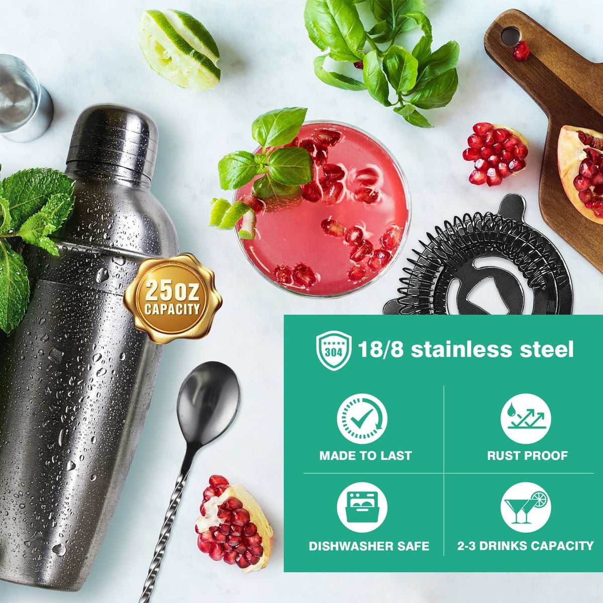 Biemlerfn 25-Piece Cocktail Shaker Set, Mixology Bartender Kit with Acrylic Stand Stainless Steel Bar Tools, Full Bartender Accessories and Recipe Book