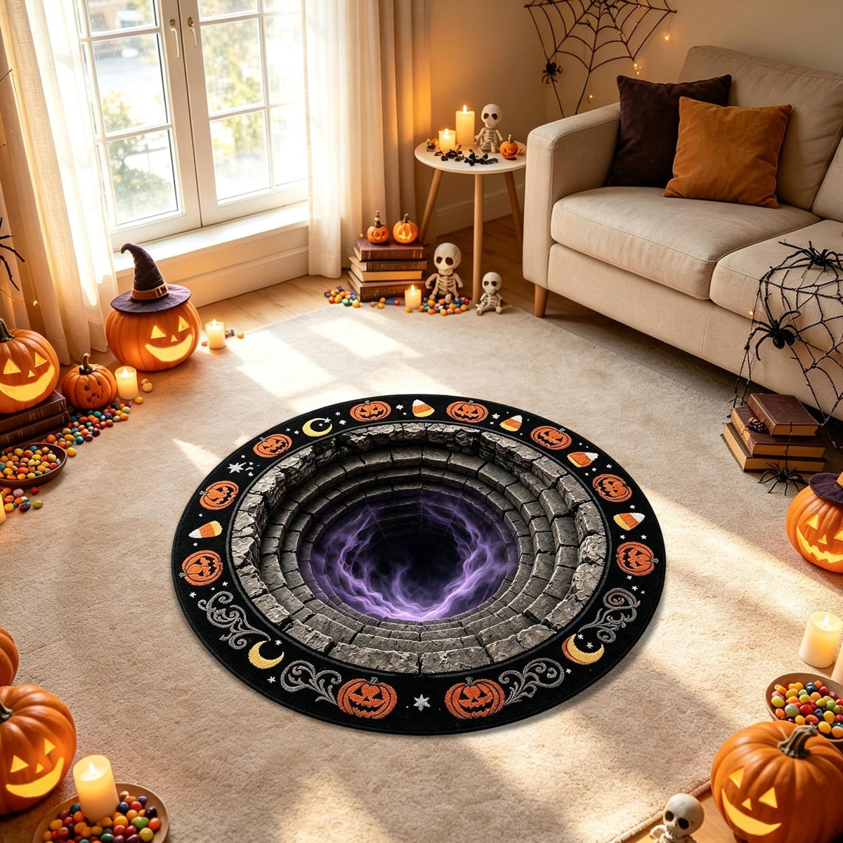 Halloween Wreath Shaped Rugs, Soft Indoor Mat for Entryway, Kitchen, Halloween Party, Pumpkin Witch Spooky Home Decor, 23.62x15.75 Inches