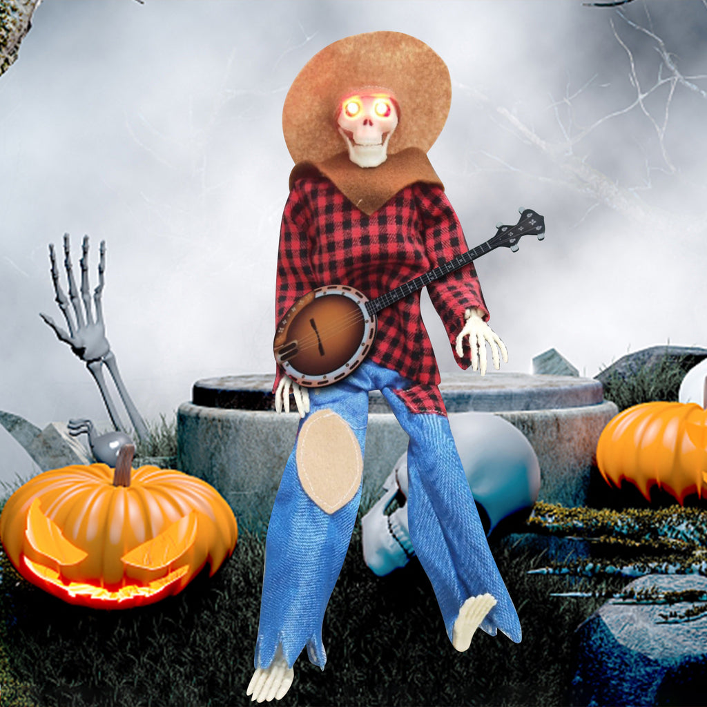 15" Animated Banjo Cowboy Skeletons with Clothes and Hat for Party Shelf Halloween Decorations(Red)