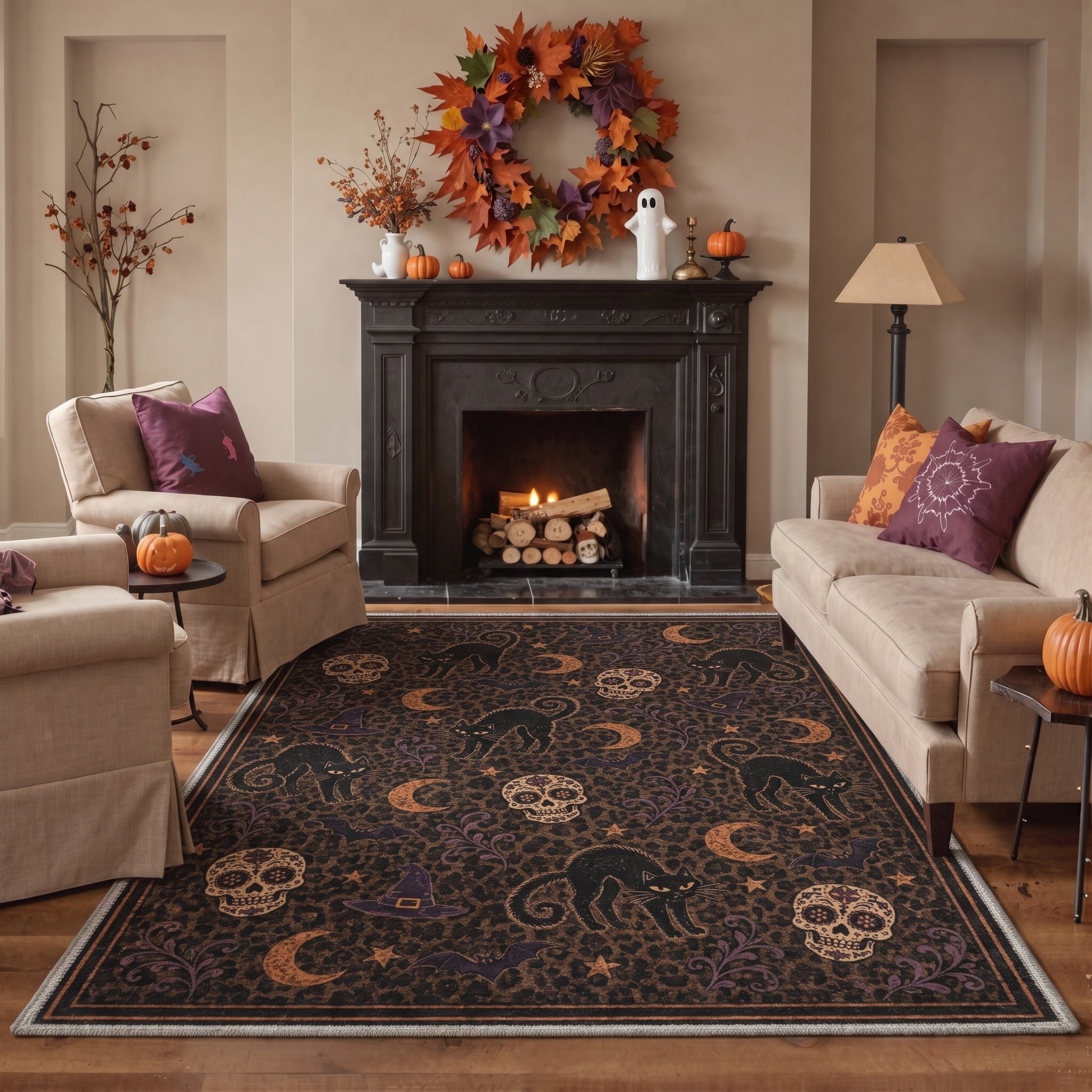 GENIMO 2'x7' Halloween Runner Rug, Washable Non Slip Soft Vintage Witch Indoor Outdoor Hallway Runner for Porch Patio Kitchen Entryway, Vintage Black