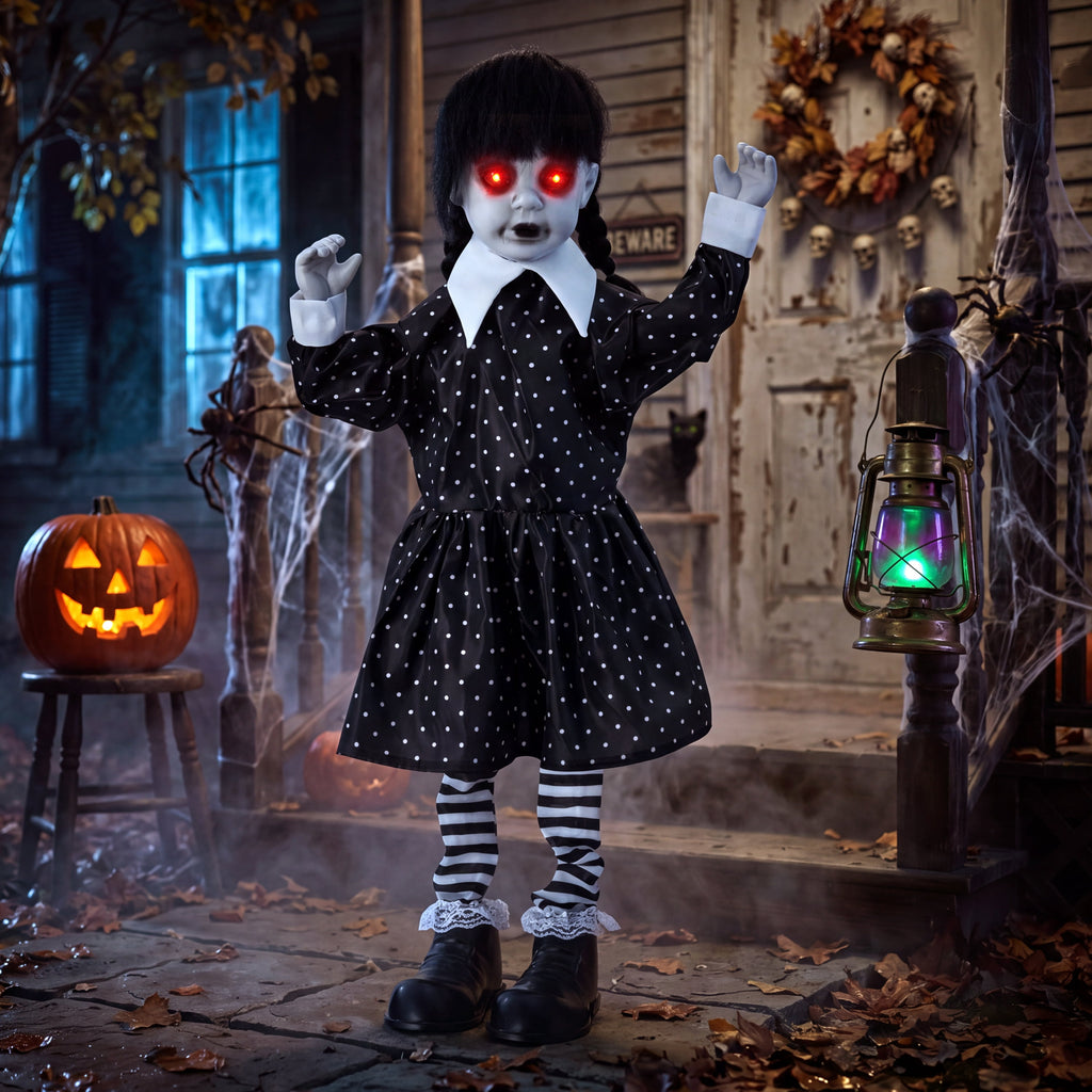Joyfy 67" Standing Grim Reaper with Chain, Large Halloween Decorations Outdoor, Life Size Animatronics Skelton, Sound-Actived Party Decor with Creepy Sound & LED Eyes, Scary Haunted House Props