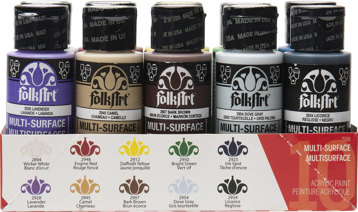 FolkArt 7508E Multi-Surface Acrylic Craft Paint Set, Satin Finish, Basics, Set of 10, 30 fl oz