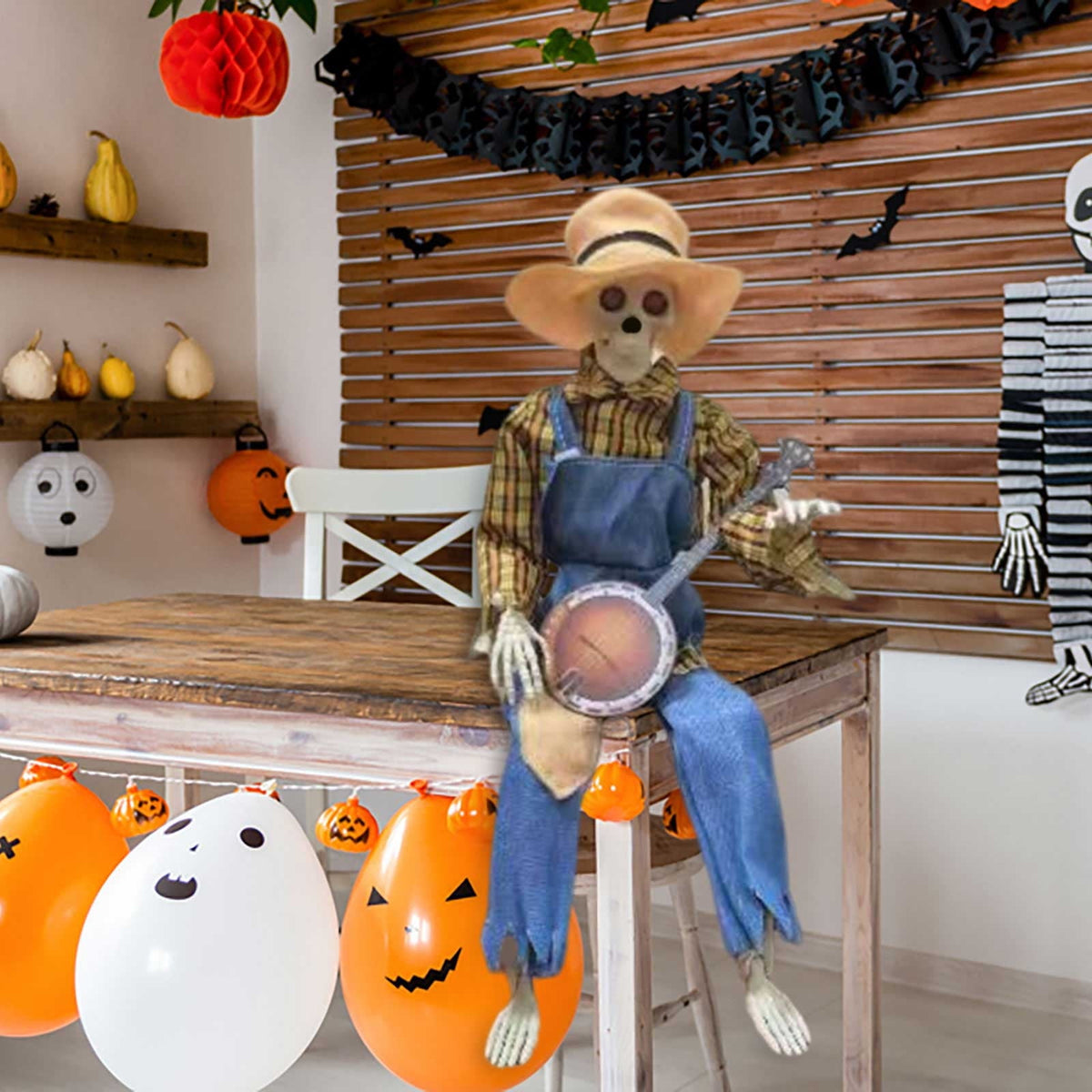 Halloween Animatronics Banjo Skeletons Decorations, Animated Skull with Sound Activated, Funny Voice, Light Up Eyes, Playing Musical Halloween Prop Decor for Indoor, Outdoor, Yard Lawn(Yellow)