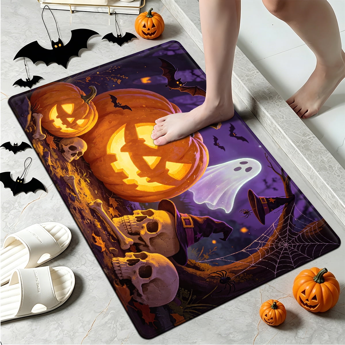 YIMEIS Halloween Pumpkin Lantern 3Pcs Flannel Mat & Kitchen Rugs Set,16''×24'' 20''×30'' 17''×47'' Inches,Soft Non-slip for Home Bathroom
