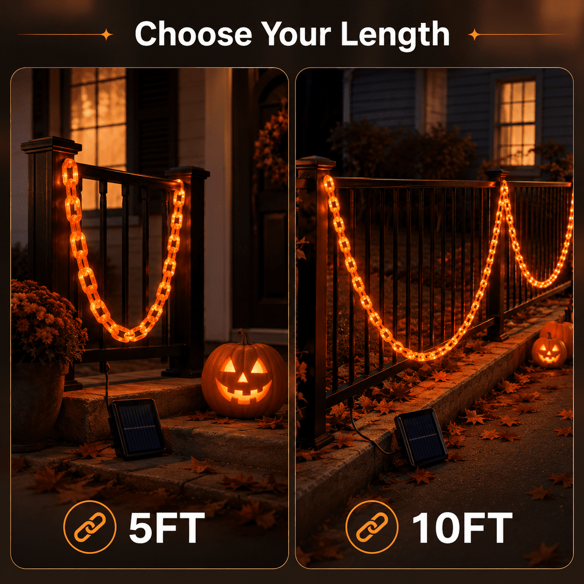 DAKIMOE Halloween Decoration Chain String Lights Orange Light Up Plastic Chain Decoration 10FT Long Glowing Link Chain for Haunted House Party Porch Yard Door Indoor Outdoor Halloween Decor