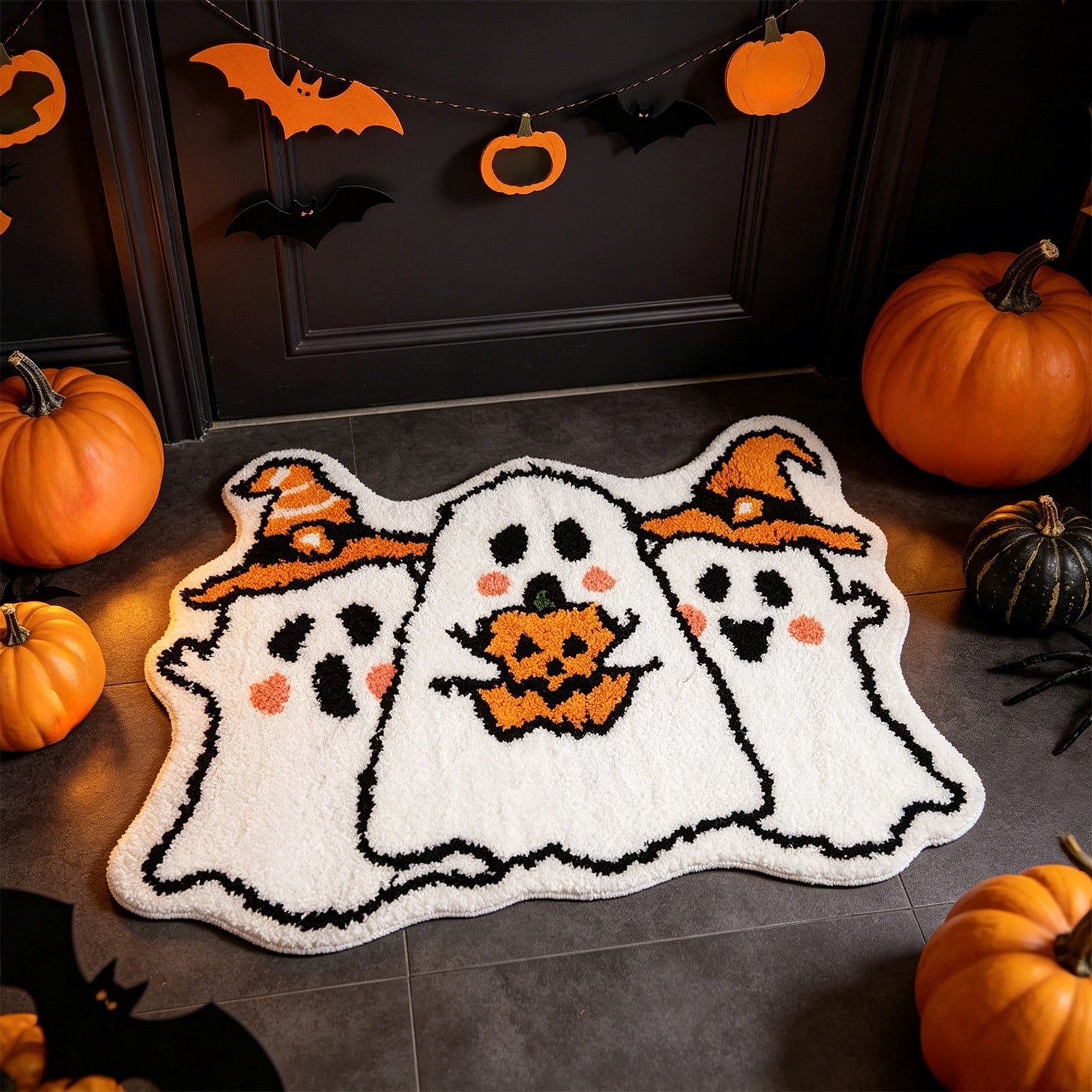 BingTong Cartoon Ghost Themed Fall Welcome Mat,Variety Spooky Adorable Ghost Shape Entryway Rug,Weather Resistant Low Profile Door Mat for Home Apartment Cafe Halloween Decoration Ghost F