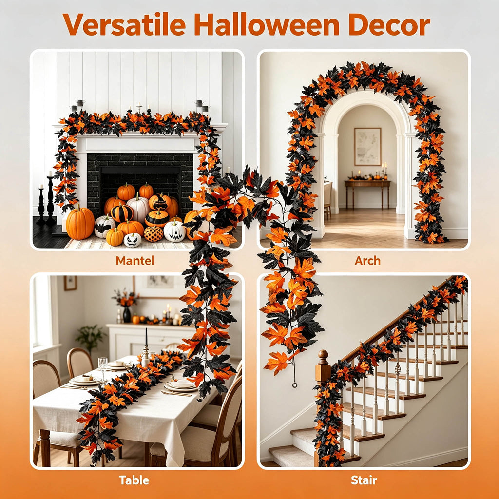 WKSCLPAI Halloween Maple Leaf Garland, Fall Vine Wreaths for Autumn Festivities Decor,Seasonal Garlands for Home,Halloween & Fall Decorations