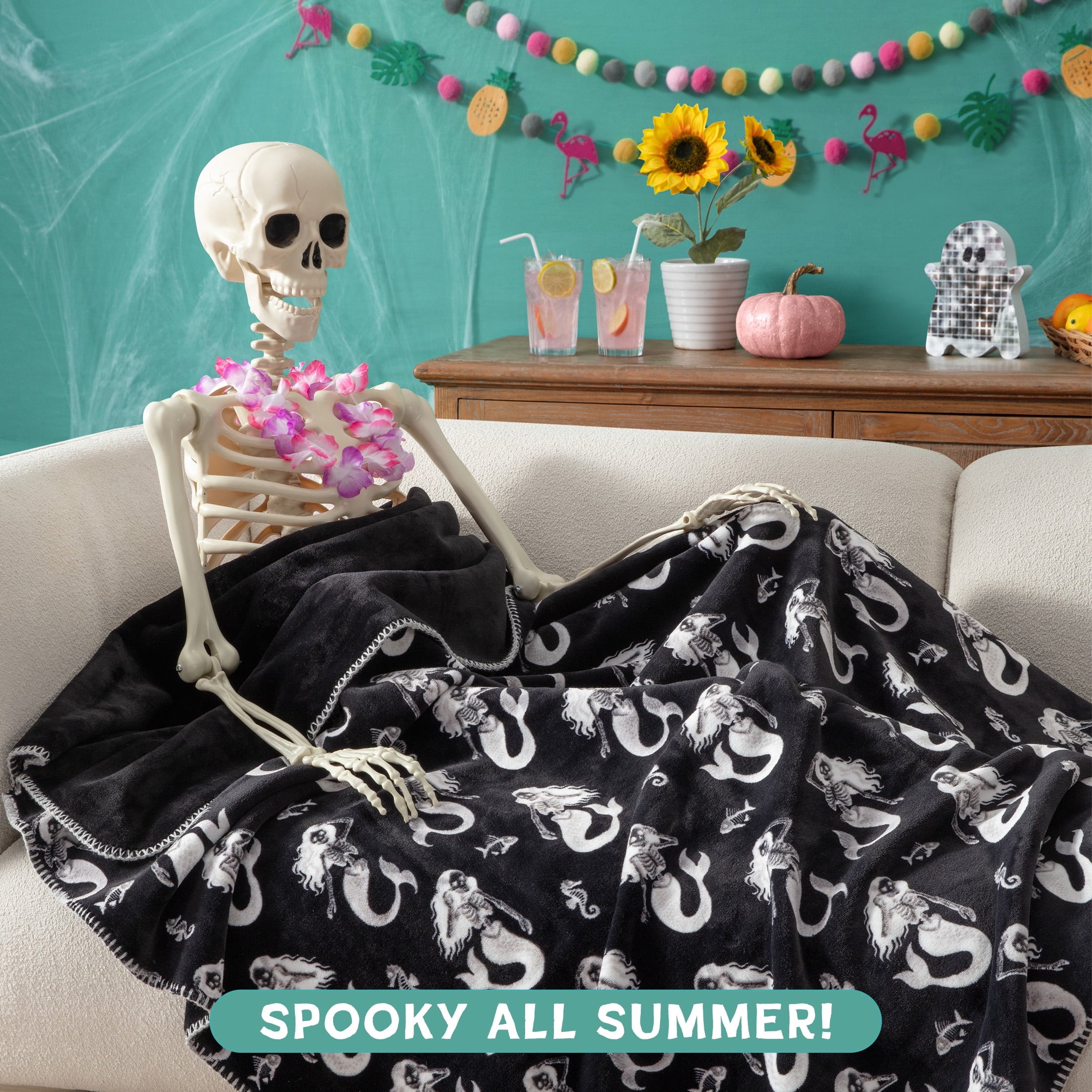 Boo-tique Soft Throw Blanket, Plush Fleece Blanket, Halloween Mermaids, Black, 50" x 72"