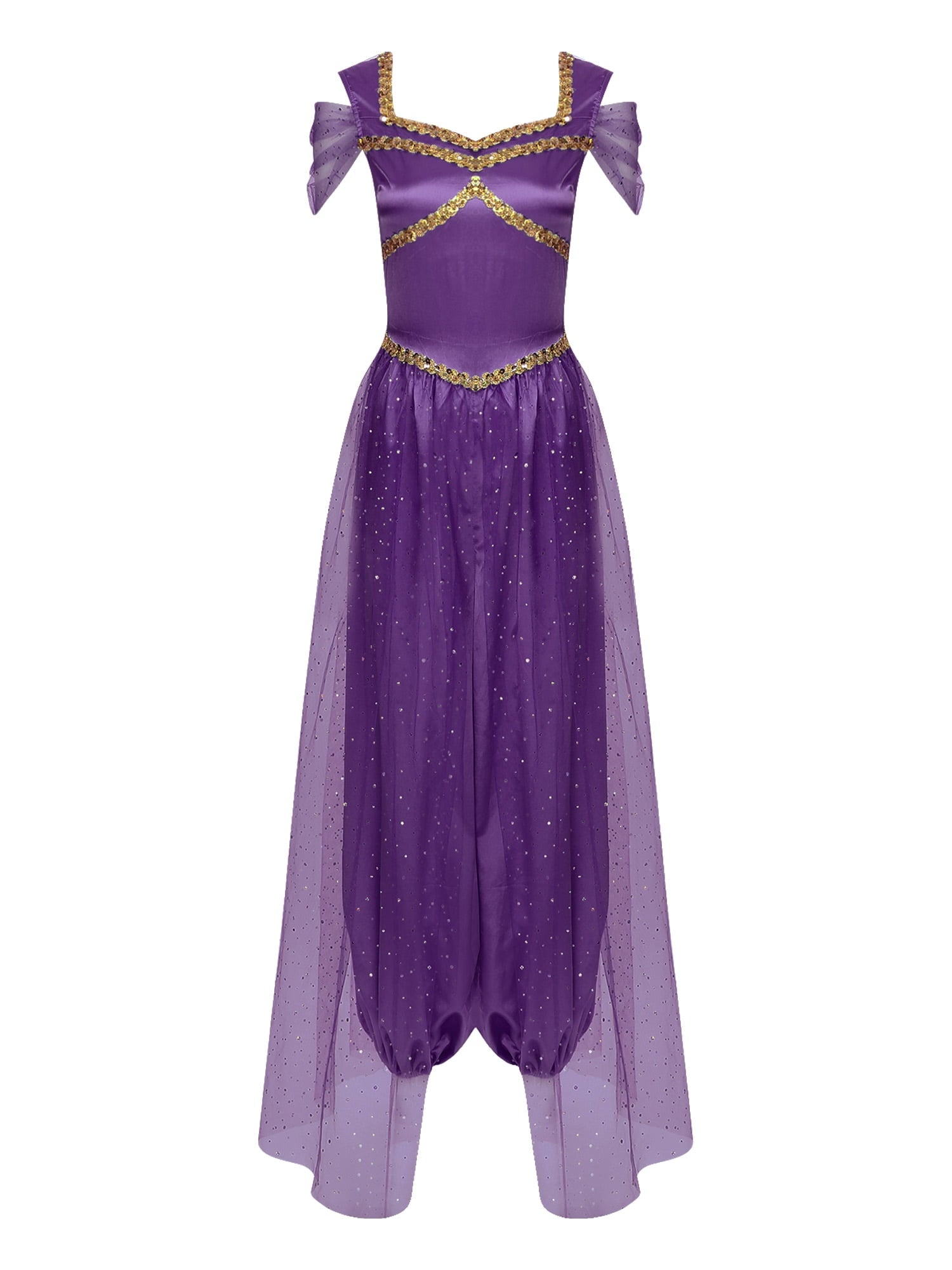 Aislor Women Halloween Arabian Princess Cosplay Costume Sequins Belly Dance Romper Jumpsuit Fancy Dress Lake Blue L