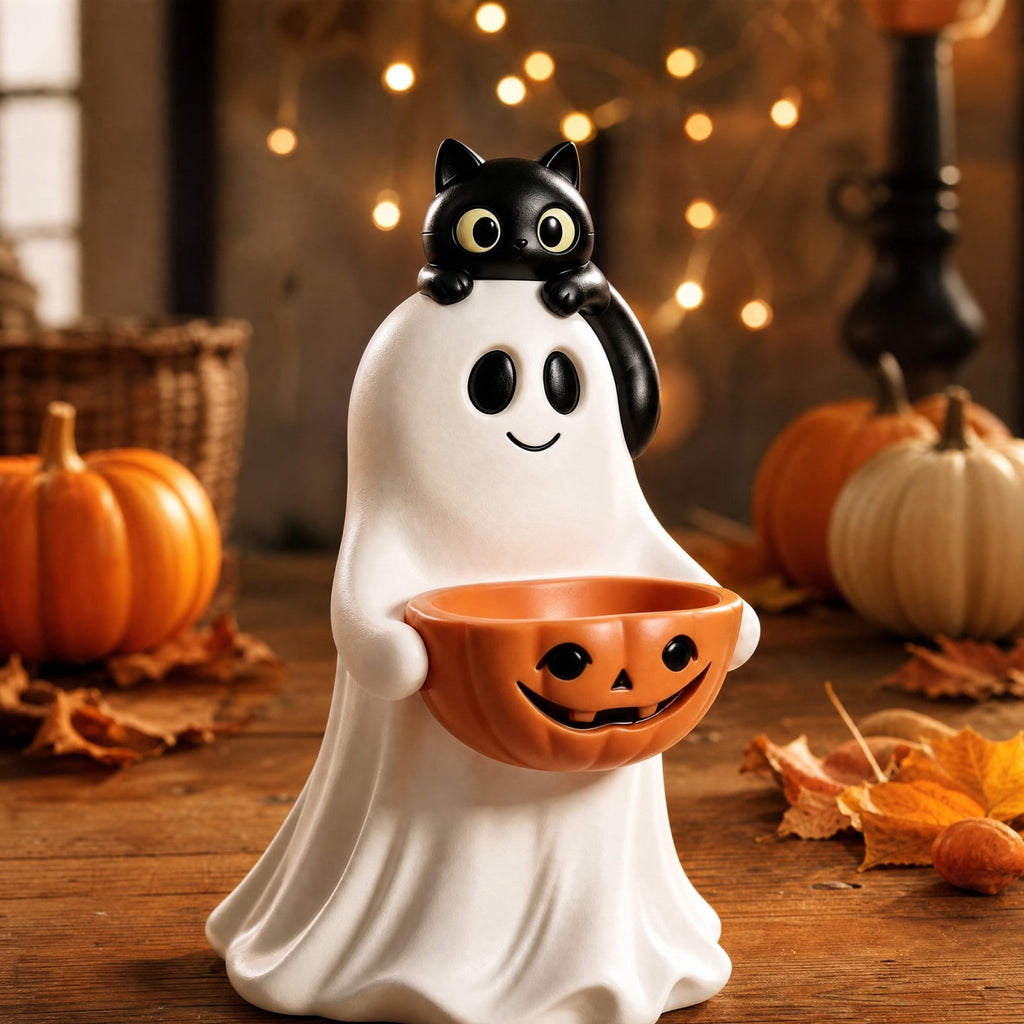 Diceymbol Halloween Pumpkin Snack Bowl Stand Collapsible Broomstick Candy Tray for Cupcakes & Desserts, Resin Serving Platter with Ceramic Pumpkin Bowls