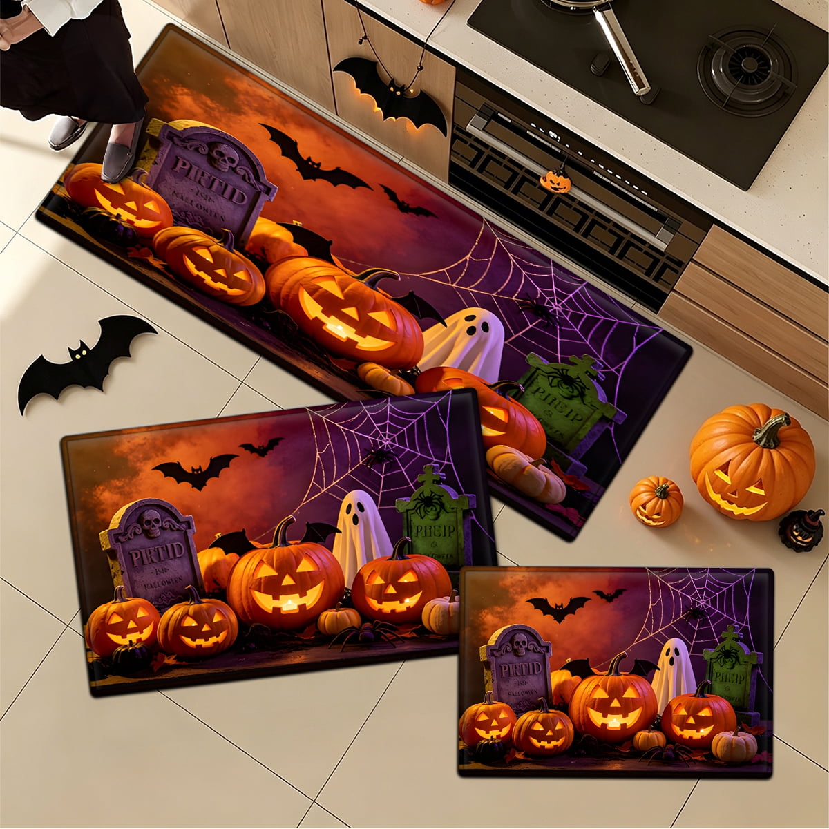 YIMEIS Halloween Pumpkin Lantern 3Pcs Flannel Mat & Kitchen Rugs Set,16''×24'' 20''×30'' 17''×47'' Inches,Soft Non-slip for Home Bathroom