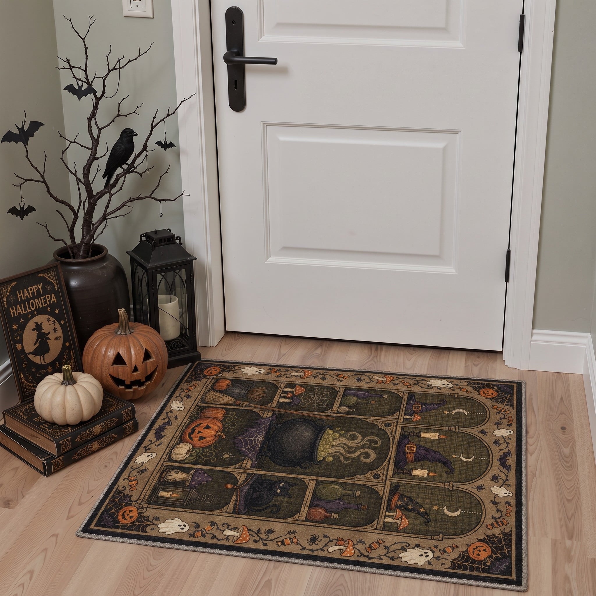 GENIMO 2'x7' Halloween Runner Rug, Washable Non Slip Soft Farmhouse Pumpkin Indoor Outdoor Hallway Runner for Porch Patio Kitchen Entryway, Vintage Sepia
