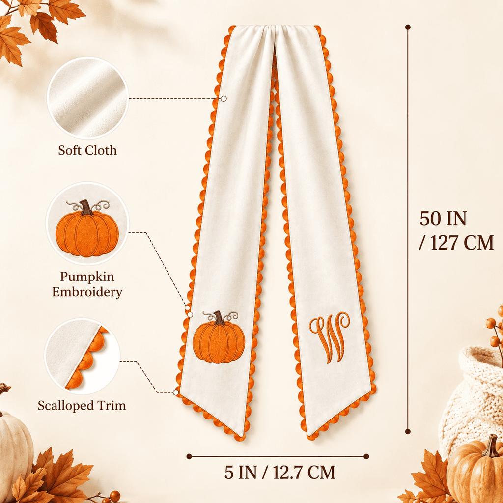 Pumpkin Embroidered Wreath Sash, 50 x 5 inch Orange Scalloped Lettered Ribbon for Halloween, Thanksgiving, Front Door, Seasonal Garland and Fall Home Decor, I