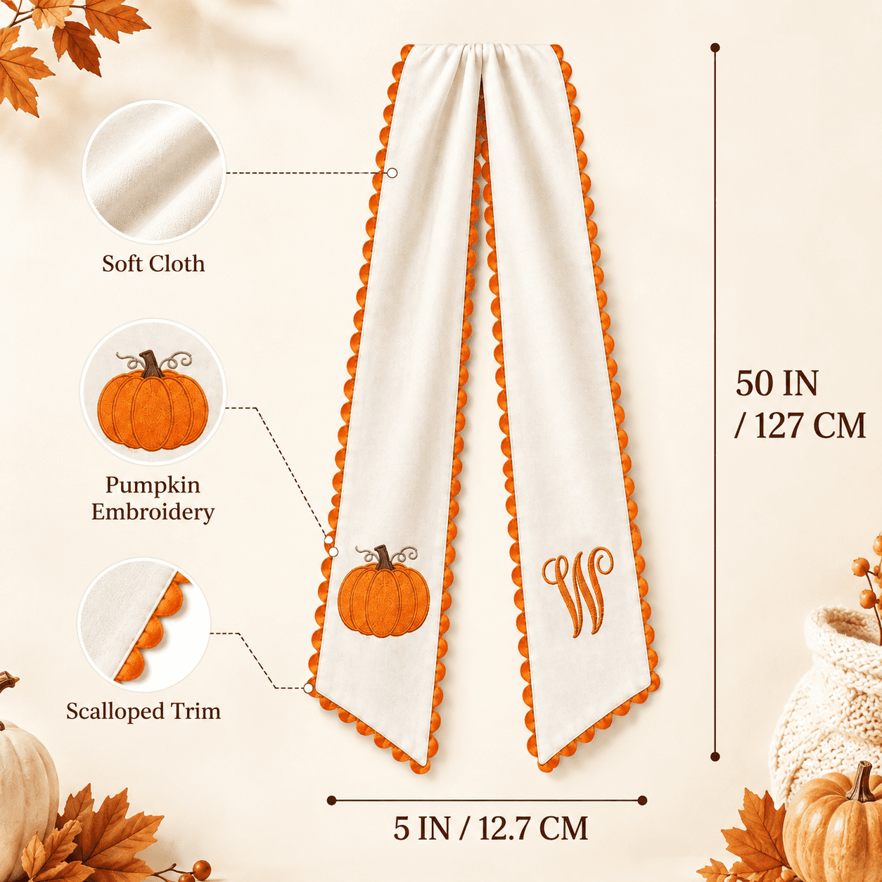 Pumpkin Embroidered Wreath Sash, 50 x 5 inch Orange Scalloped Lettered Ribbon for Halloween, Thanksgiving, Front Door, Seasonal Garland and Fall Home Decor, I