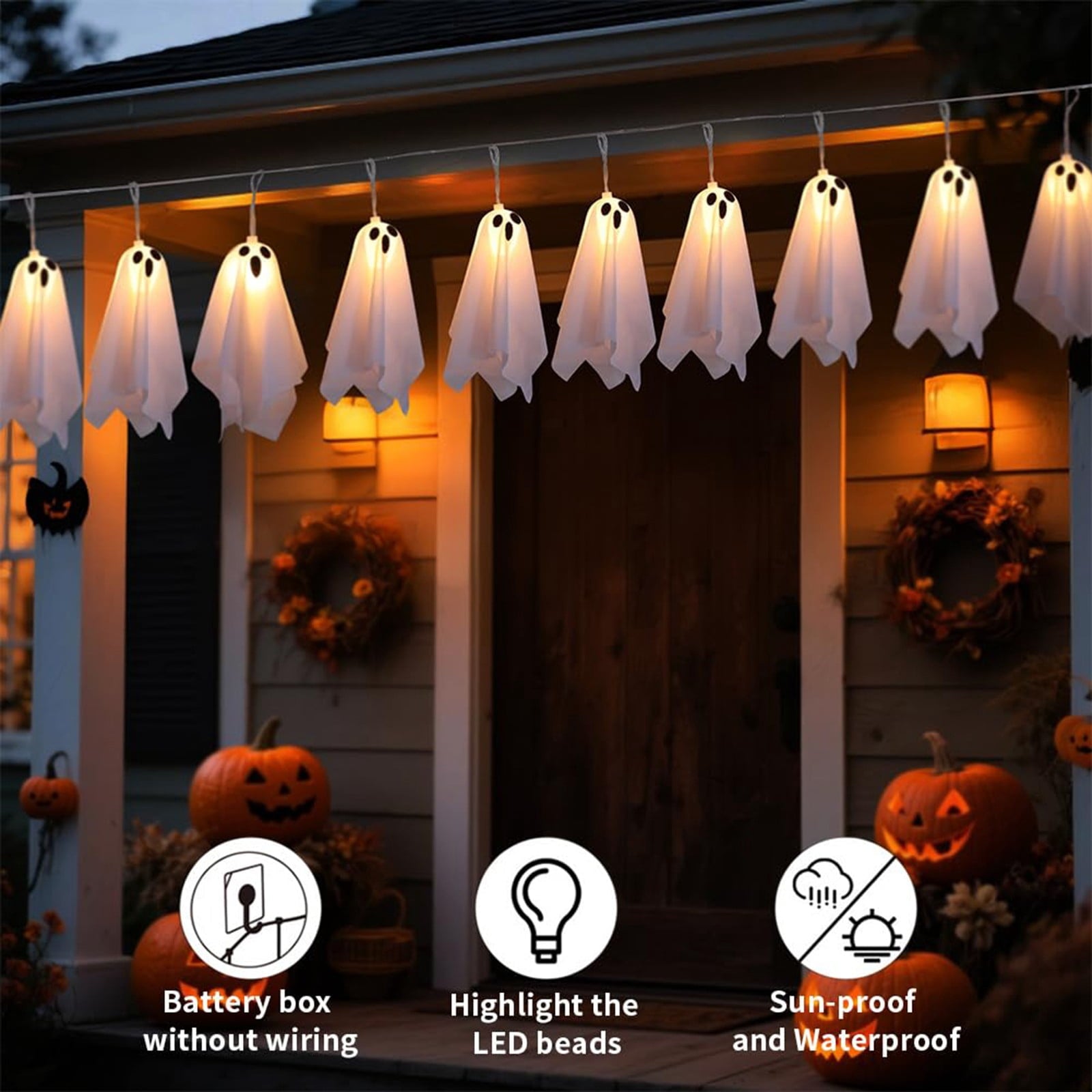 8.2FT Light Up Halloween Ghost String Lights,10 PCS Spooky Ghost Garlands, Cute Ghosts with Remote Control & 8 Lighting Modes for Outdoor Yard & Indoor Party Halloween Decor
