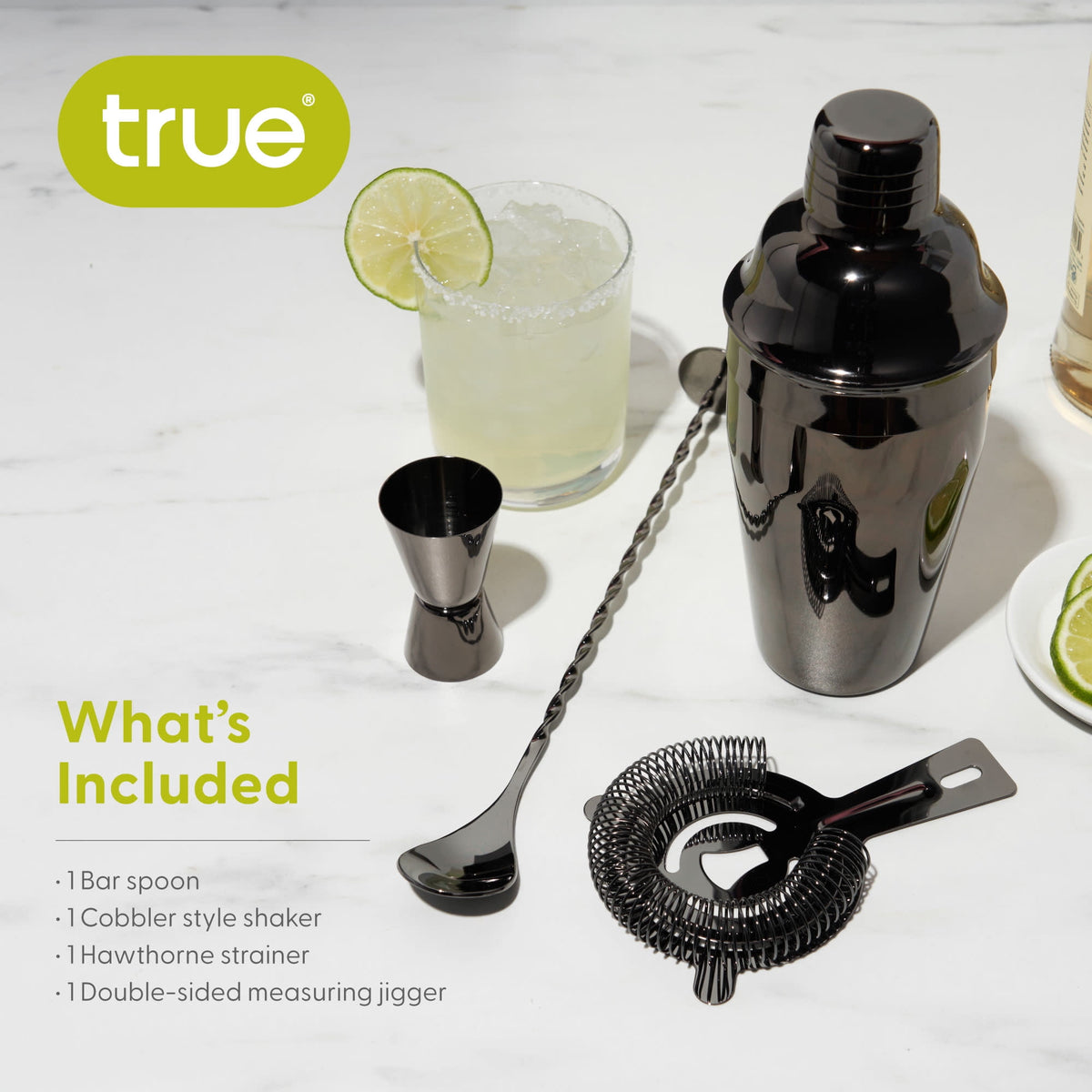 True 4 Piece Black Stainless Steel Barware Set - Cocktail Shaker & Accessories