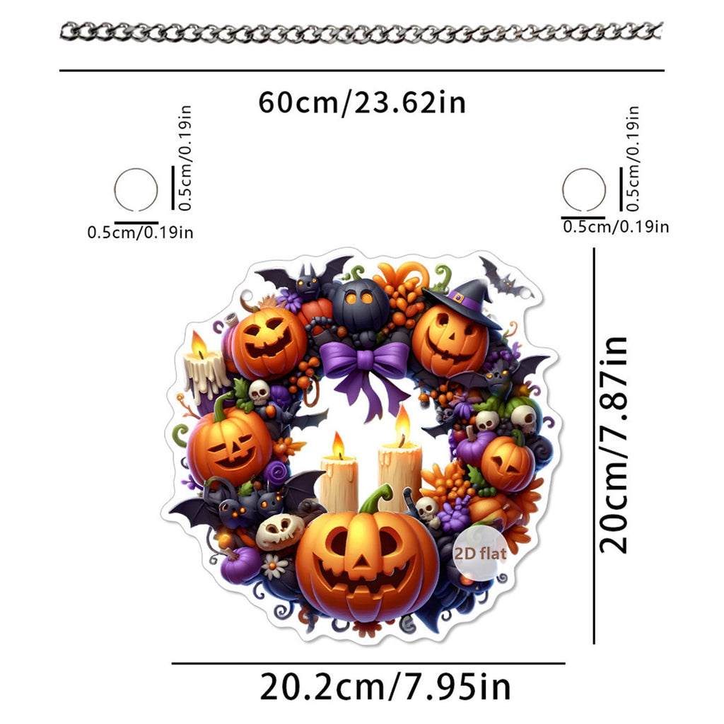 Btomtd Diameter 8" Pumpkin Skull Wreath Halloween Decor Acrylic Round Disk Hanging Ornament with Garland for Front Door Window, A