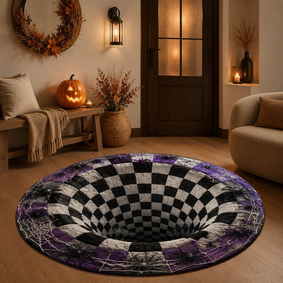 3D Illusion Halloween Round Rug, Non Printed Optical Vortex Doormat, Spooky Circular Floor Mat for Indoor Entryway Home Party Decor 60x60cm