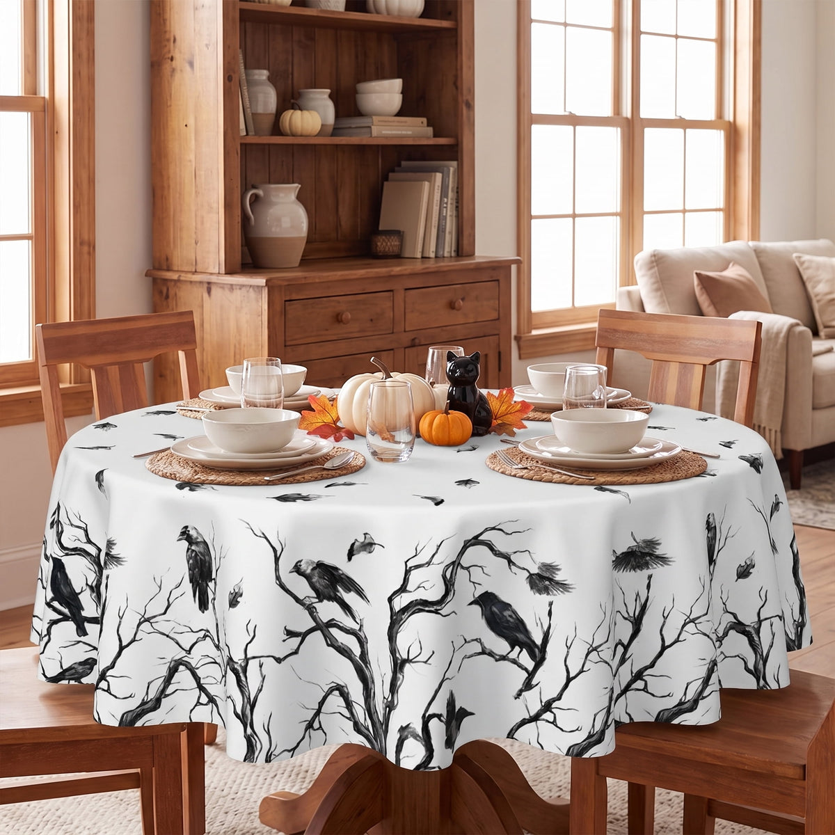 Sm:)e Crow Haunted Tree Halloween Tablecloth 60x84 Inch, Machine Washable Table Cover for Dinner/Party Decoration/Holiday