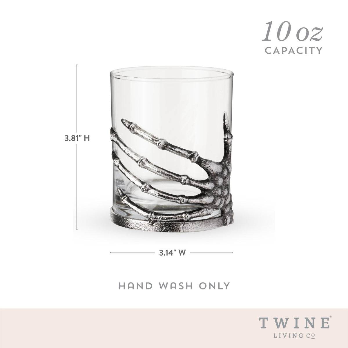 Twine Skeleton Hand Cocktail Tumbler, Gothic Whiskey Glass with Metal Skeleton Wrap, Spooky Halloween Barware for Bourbon, Cocktails & More, 10 oz., Set of 1