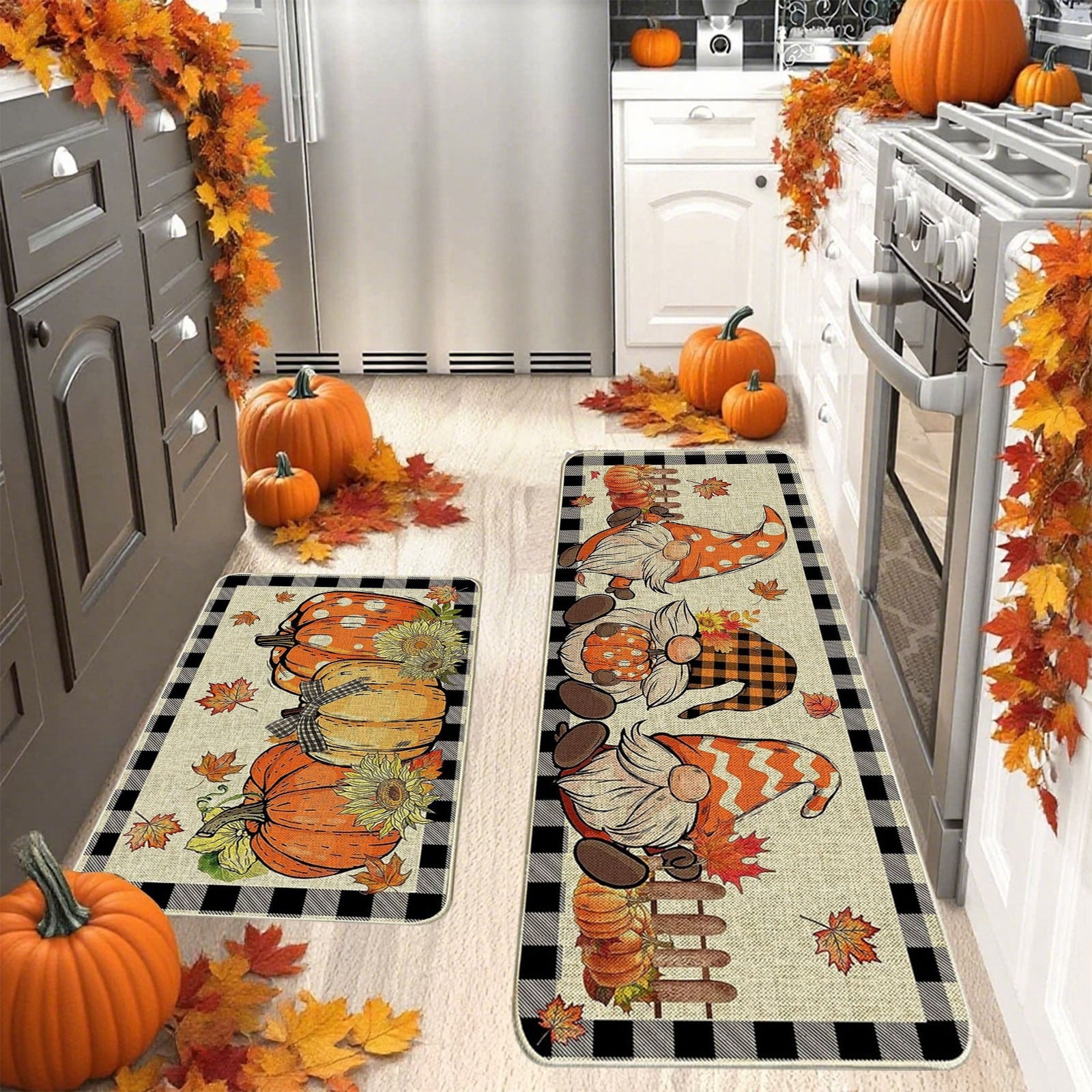 HOARBOEG Fall Pumpkin Maple Leaf Floor Mat 2-Piece Set - Non-Slip Halloween Thanksgiving Decorative Rug for Bathroom, Kitchen, Porch, Entrance, Polyester Foot Mats, Easy Clean Indoor/Outdoor