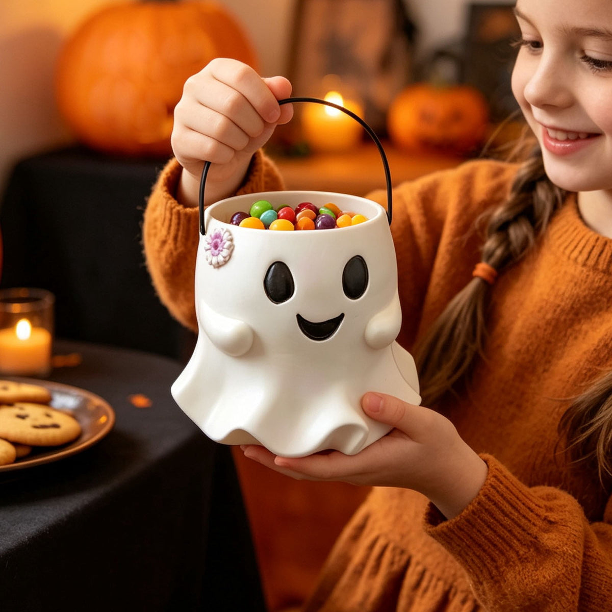 Diceymbol Halloween Pumpkin Snack Bowl Stand Collapsible Broomstick Candy Tray for Cupcakes & Desserts, Resin Serving Platter with Ceramic Pumpkin Bowls