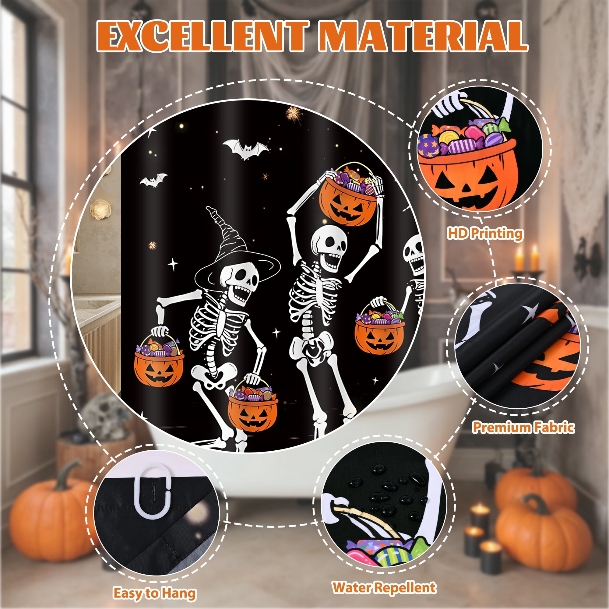 FRAMICS Halloween Shower Curtain Sets with Rugs, 16 Pc Pumpkin Spooky Ghost Bathroom Sets, Black Waterproof Fabric Shower Curtain with 12 Hooks and Toilet Rugs